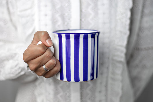 Dark Navy Blue Striped Handmade Hand Painted Ceramic Extra Large 17.5oz-500ml Hot Chocolate Coffee Tea Mug