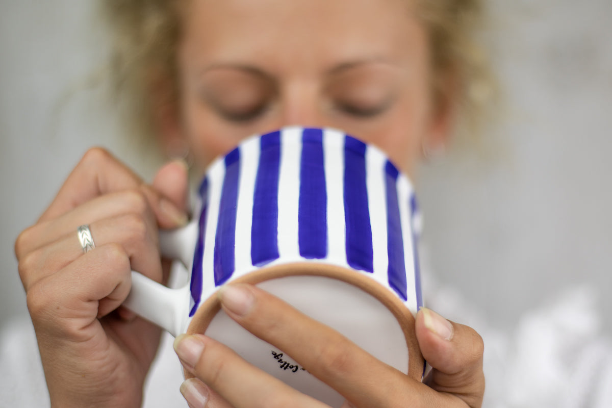 Dark Navy Blue Striped Handmade Hand Painted Ceramic Extra Large 17.5oz-500ml Hot Chocolate Coffee Tea Mug