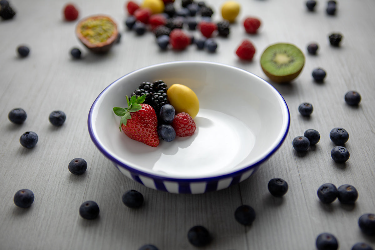 Dark Navy Blue Striped Handmade Hand Painted Ceramic Salad Pasta Fruit Cereal Soup Bowl