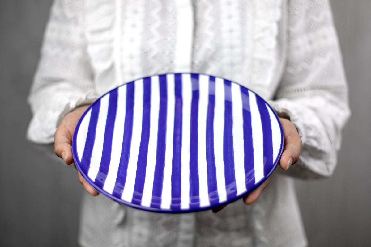 Dark Navy Blue Striped Handmade Hand Painted Glazed Ceramic Flat Dinner Plate
