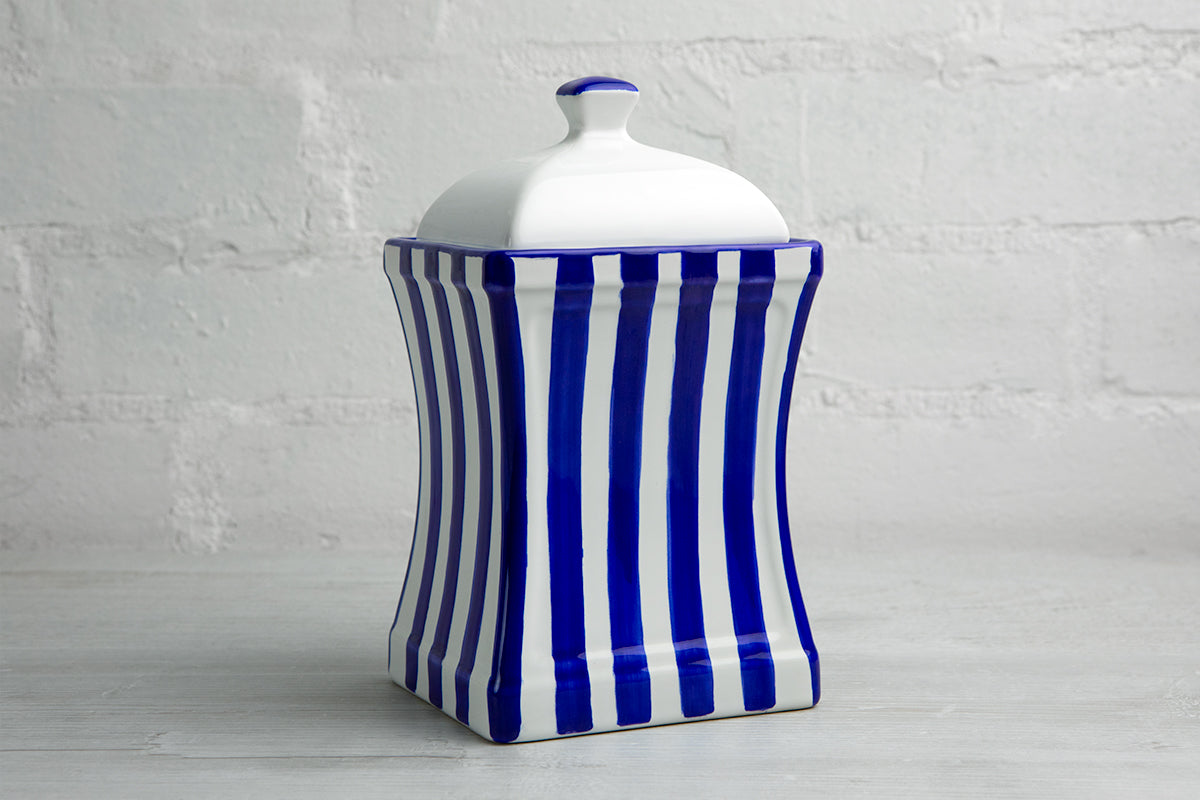 Dark Navy Blue Striped Handmade Hand Painted Large Ceramic Kitchen Storage Jar