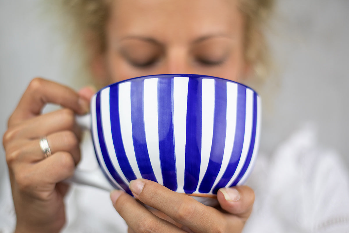 Dark Navy Blue Striped Handmade Hand Painted Ceramic Extra Large 17.5oz-500ml Cappuccino Coffee Tea Soup Mug Cup