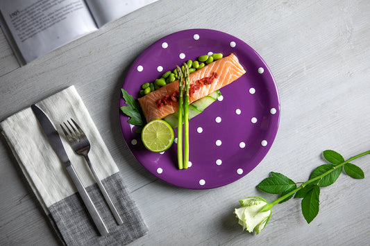 Purple And White Polka Dot Spotty Handmade Hand Painted Glazed Ceramic Flat Dinner Plate