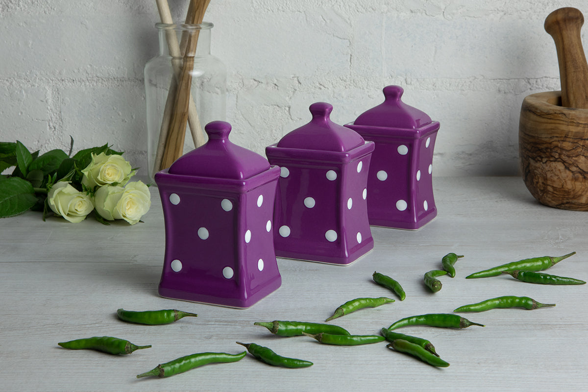 Purple and White Polka Dot Pottery Handmade Hand Painted Small Ceramic Kitchen Herb Spice Jars Canister Set - Same Size Jars