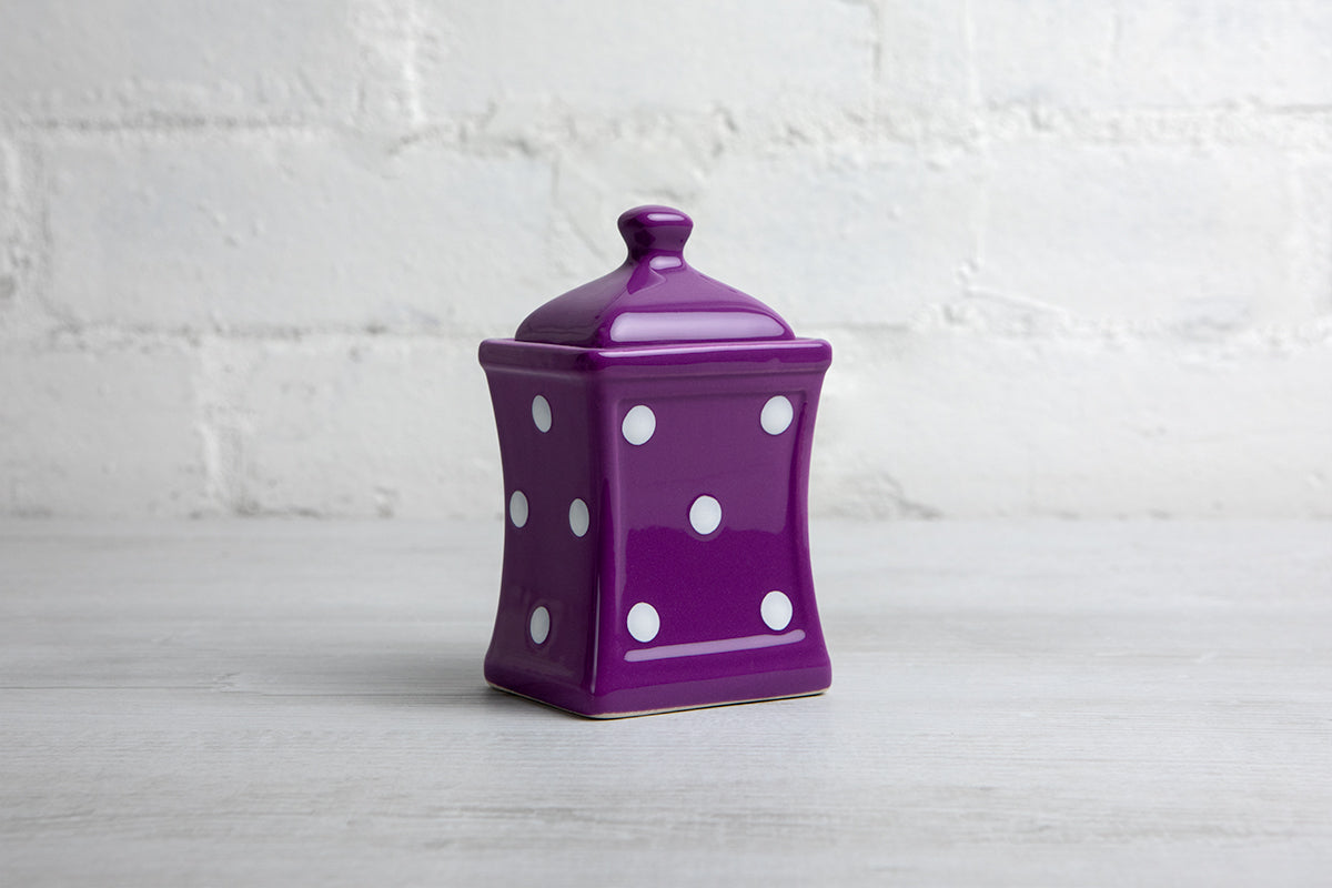 Purple and White Polka Dot Pottery Handmade Hand Painted Small Ceramic Kitchen Herb Spice Jars Canister Set - Same Size Jars