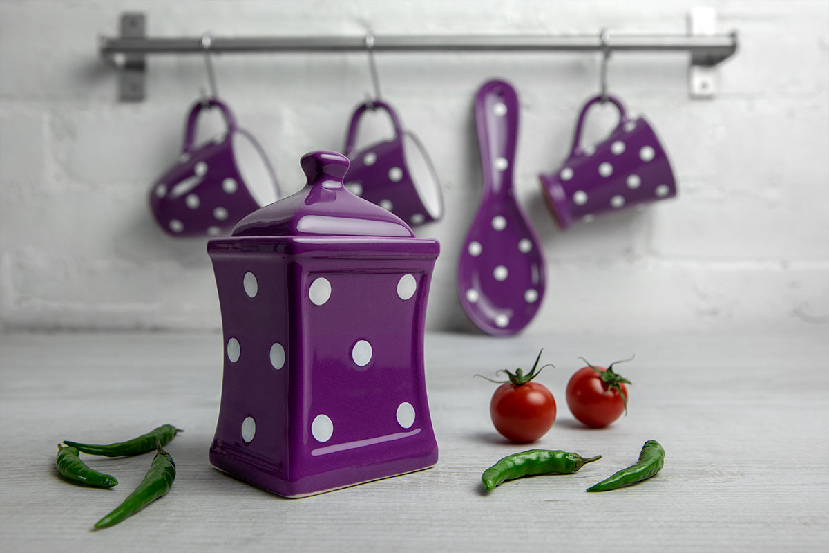 Purple and White Polka Dot Pottery Handmade Hand Painted Small Ceramic Kitchen Herb Spice Jars Canister Set - Same Size Jars