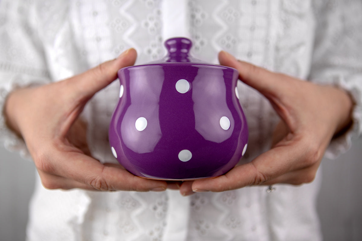 Purple and White Polka Dot Pottery Handmade Hand Painted Ceramic Teapot Milk Jug Sugar Bowl Set