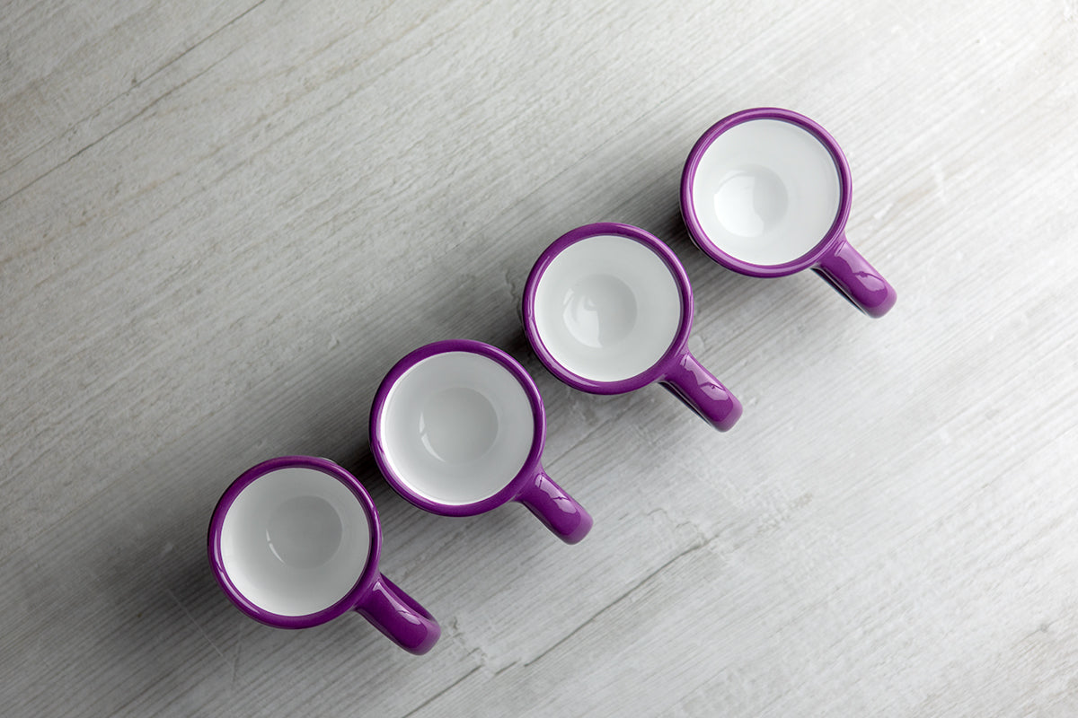 Purple And White Polka Dot Spotty Designer Handmade Hand Painted Unique Ceramic 2oz-60ml Espresso Coffee Cup Set of 4