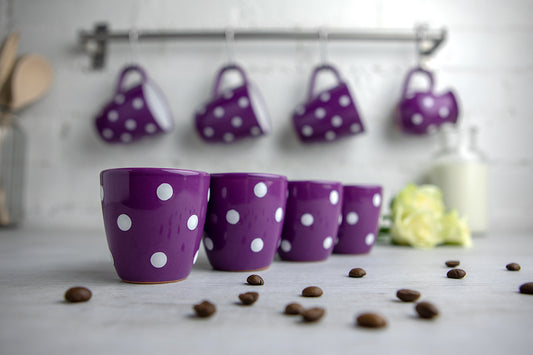 Purple And White Polka Dot Spotty Designer Handmade Hand Painted Unique Ceramic 2oz-60ml Espresso Coffee Cup Set of 4