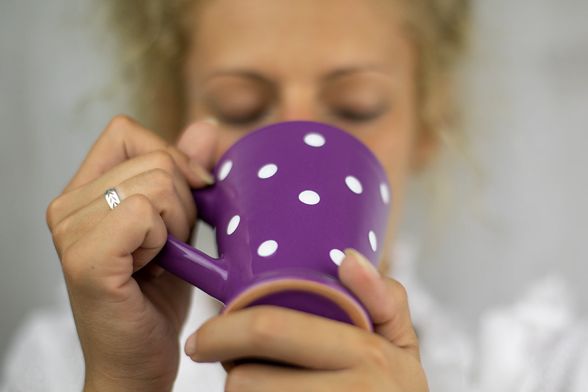 Purple And White Polka Dot Spotty Handmade Hand Painted Ceramic Coffee Tea Latte Mug with Large Handle 8 oz - 220 ml