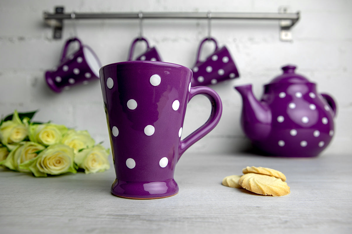 Purple And White Polka Dot Spotty Handmade Hand Painted Ceramic Coffee Tea Latte Mug with Large Handle 8 oz - 220 ml