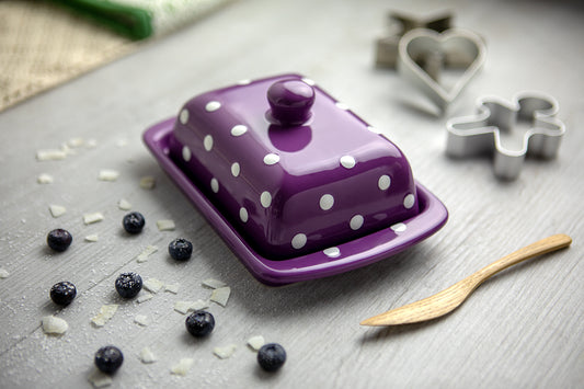 Purple And White Polka Dot Spotty Handmade Hand Painted Ceramic Butter Dish With Lid