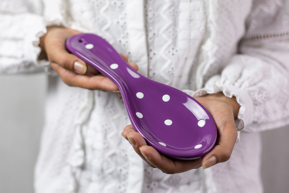 Purple And White Polka Dot Spotty Handmade Hand Painted Ceramic Kitchen Cooking Spoon Rest