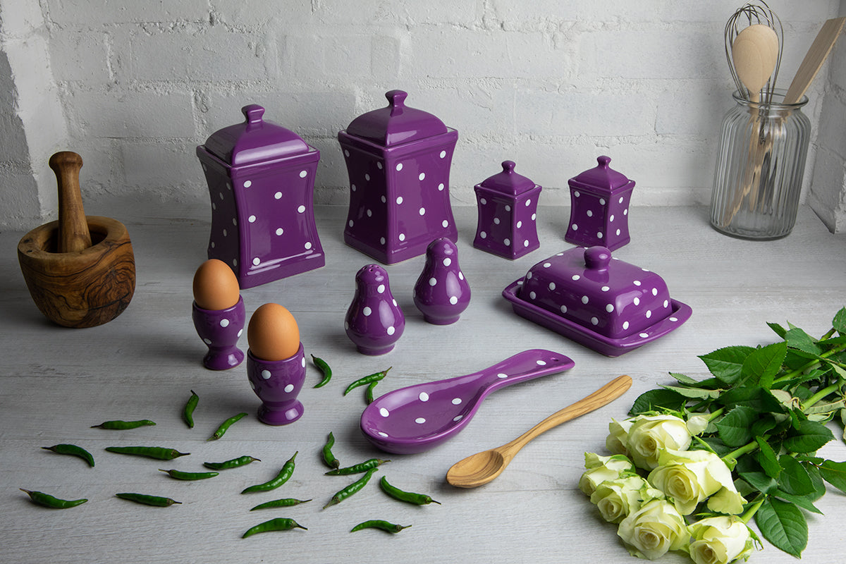 Purple And White Polka Dot Spotty Handmade Hand Painted Ceramic Kitchen Serving Storage Set of 10