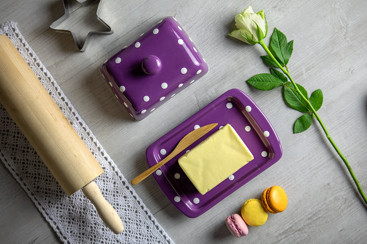 Purple And White Polka Dot Spotty Handmade Hand Painted Ceramic Kitchen Serving Storage Set of 10