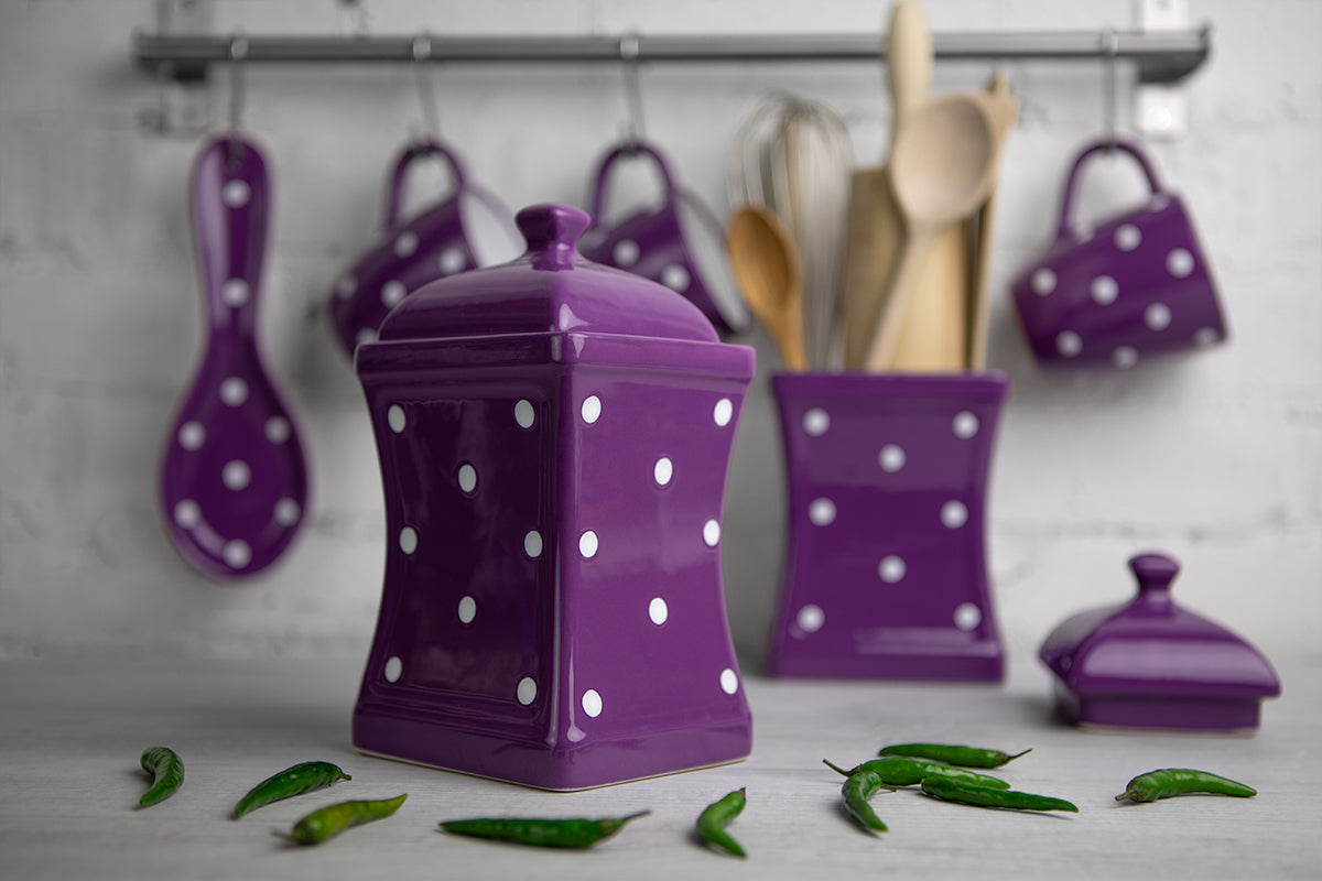 Purple And White Polka Dot Spotty Handmade Hand Painted Ceramic Kitchen Serving Storage Set of 10