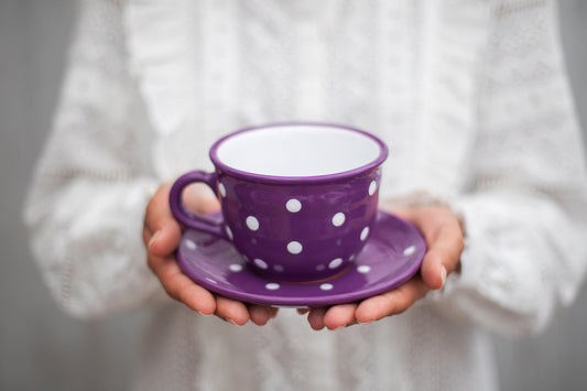 Purple And White Polka Dot Spotty Handmade Hand Painted Large Unique Ceramic 12oz-350ml Cappuccino Coffee Tea Cup with Saucer