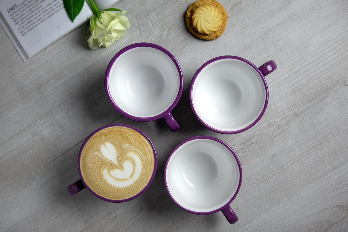 Purple And White Polka Dot Spotty Handmade Hand Painted Large Unique Ceramic 12oz-350ml Cappuccino Coffee Tea Cup with Saucer