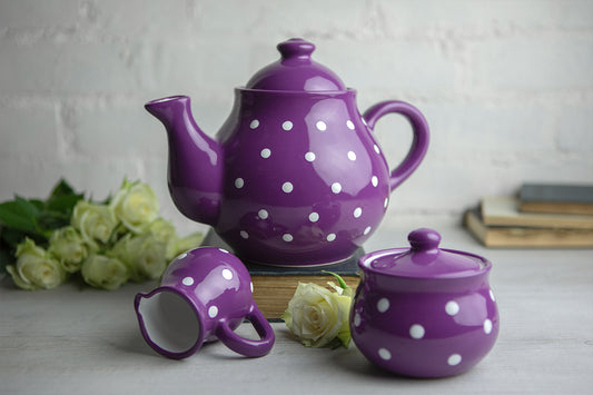 Purple And White Polka Dot Spotty Handmade Hand Painted Ceramic Large Teapot Milk Jug Sugar Bowl Set