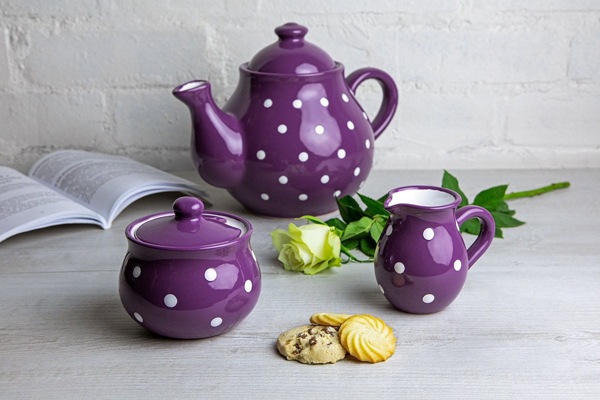 Purple And White Polka Dot Spotty Handmade Hand Painted Ceramic Large Teapot Milk Jug Sugar Bowl Set