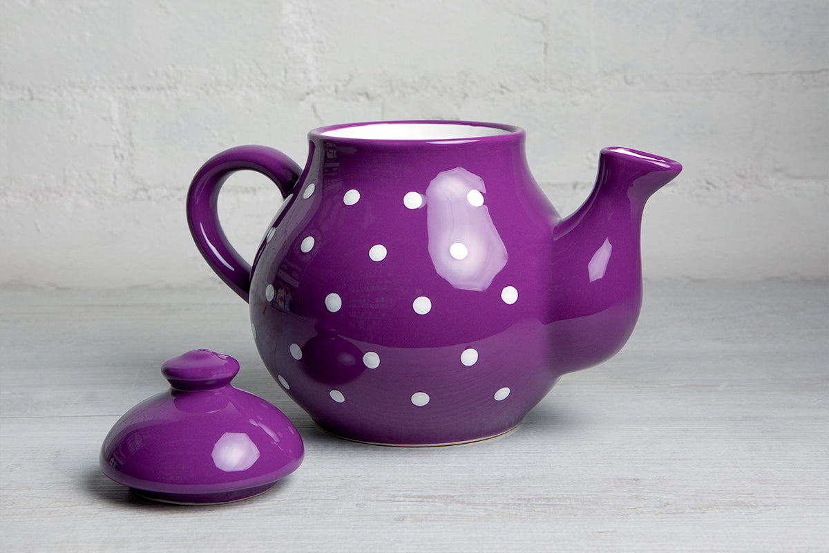 Purple And White Polka Dot Spotty Large Handmade Hand Painted Ceramic Teapot with Handle 60 oz / 1.7 l