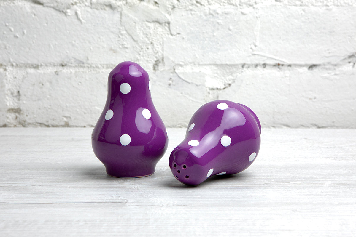 Purple And White Polka Dot Spotty Handmade Hand Painted Ceramic Salt and Pepper Shaker Pot