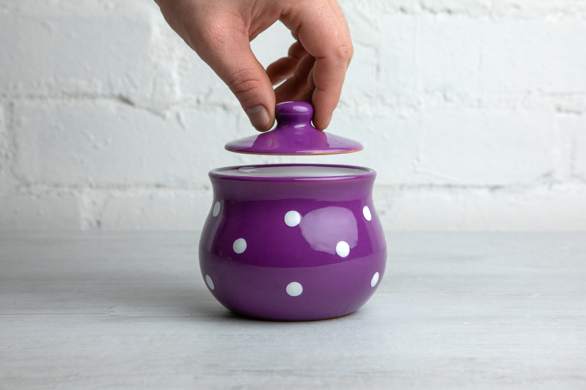 Purple And White Polka Dot Spotty Handmade Hand Painted Ceramic Sugar Bowl With Lid