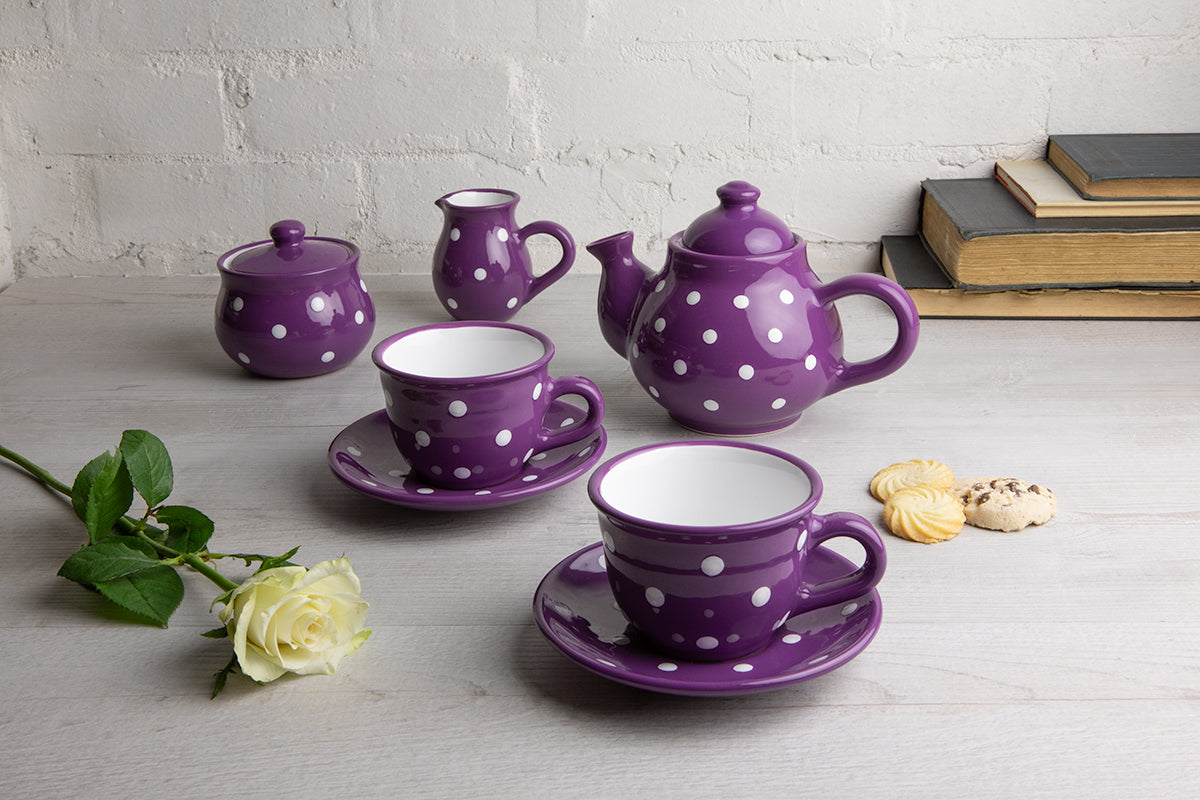 Purple and White Polka Dot Pottery Handmade Hand Painted Ceramic Teapot Milk Jug Sugar Bowl Set With Two Cups and Saucers
