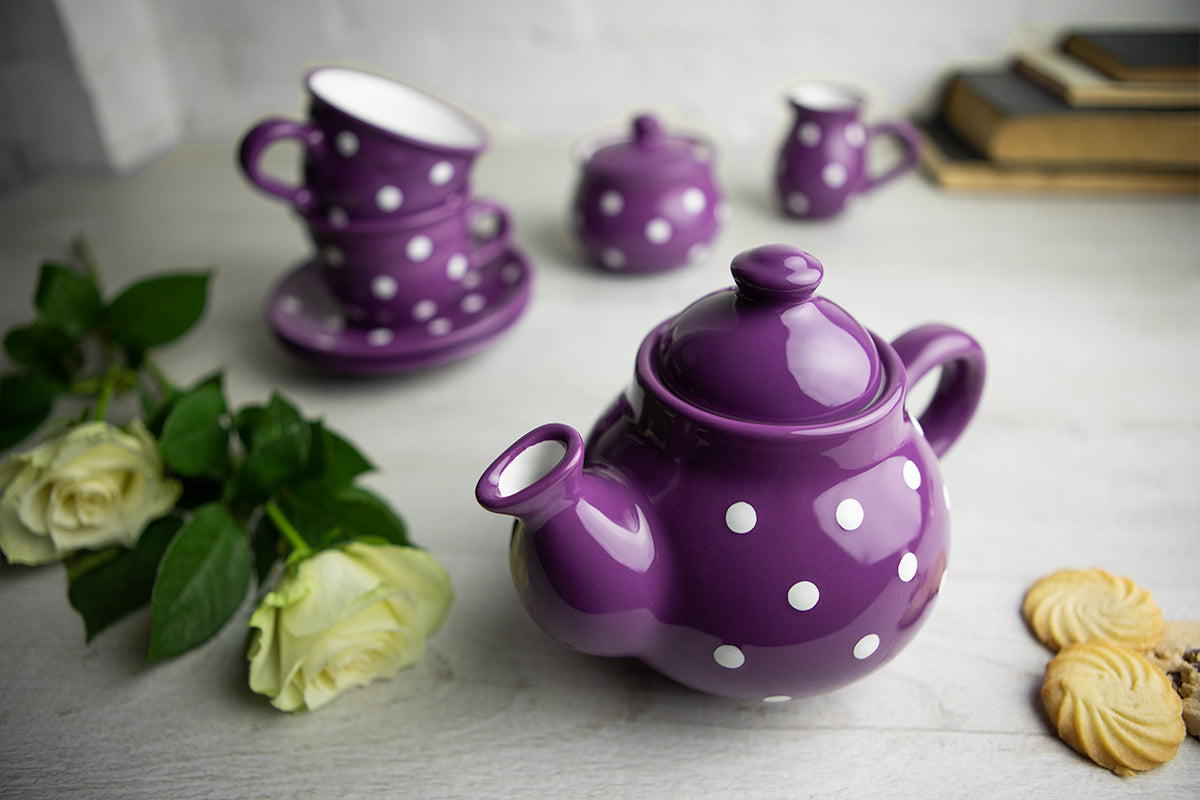 Purple and White Polka Dot Pottery Handmade Hand Painted Ceramic Teapot Milk Jug Sugar Bowl Set With Two Cups and Saucers