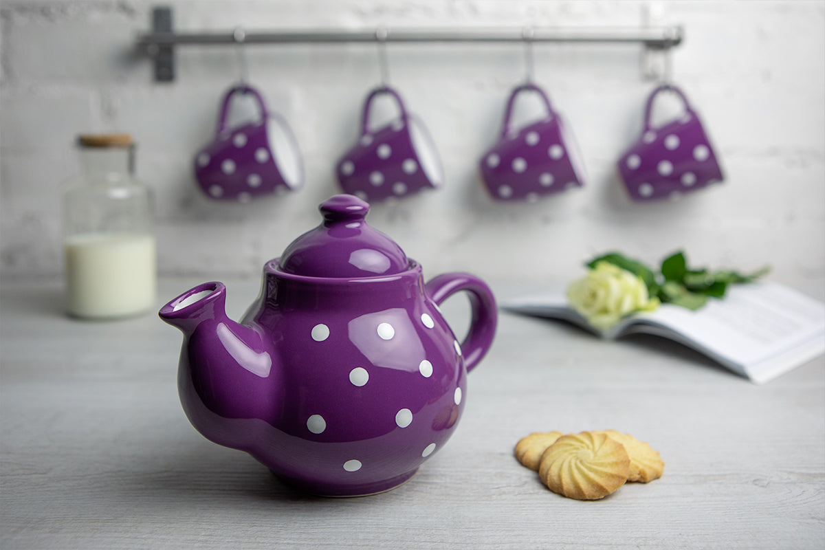 Purple and White Polka Dot Pottery Handmade Hand Painted Ceramic Teapot Milk Jug Sugar Bowl Set With Two Cups and Saucers