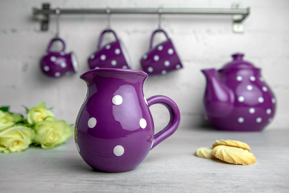 Purple and White Polka Dot Pottery Handmade Hand Painted Ceramic Teapot Milk Jug Sugar Bowl Set With Two Cups and Saucers