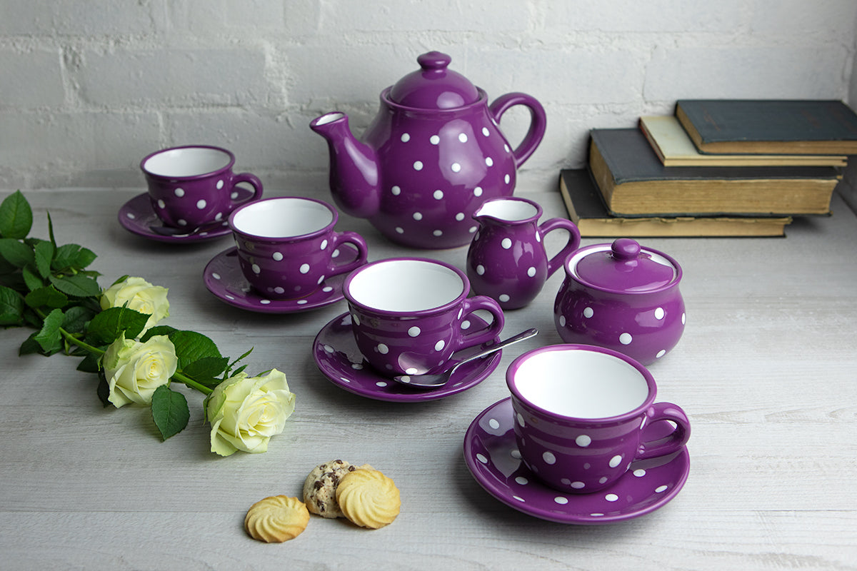Purple And White Polka Dot Spotty Handmade Hand Painted Ceramic Large Teapot Milk Jug Sugar Bowl Set With 4 Cups and Saucers