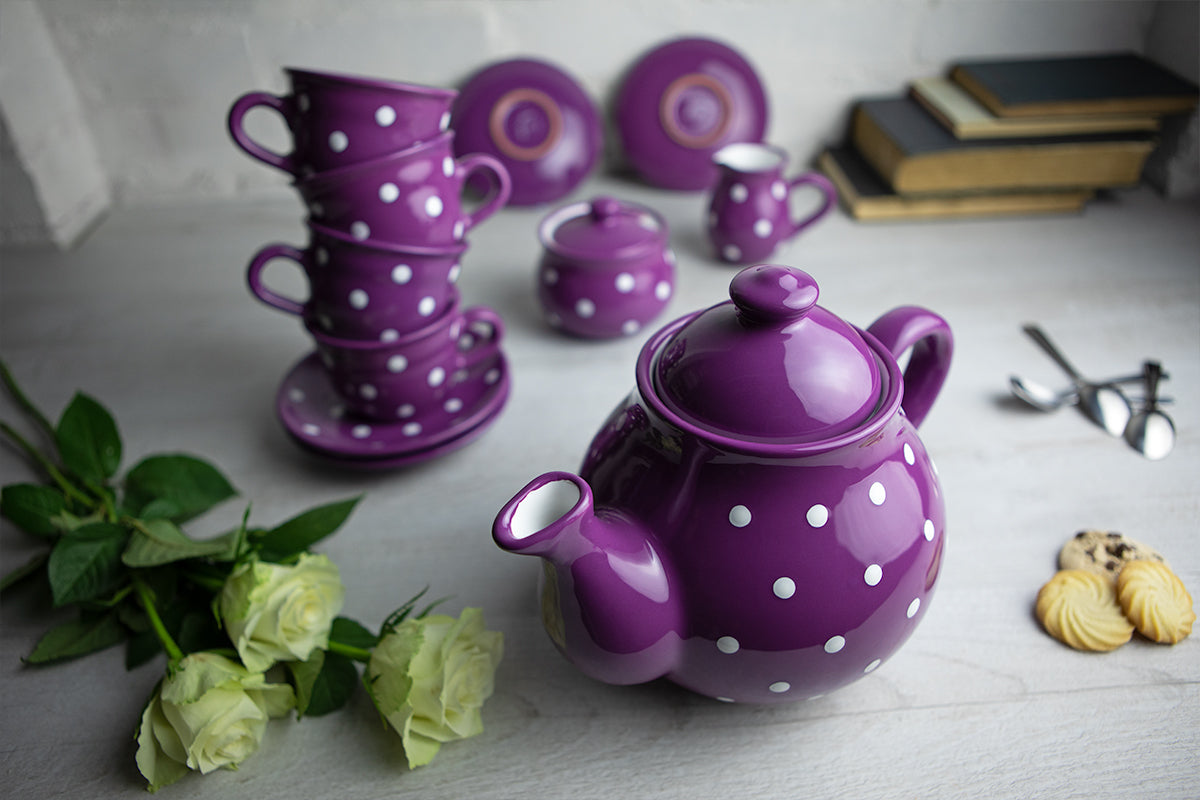 Purple And White Polka Dot Spotty Handmade Hand Painted Ceramic Large Teapot Milk Jug Sugar Bowl Set With 4 Cups and Saucers