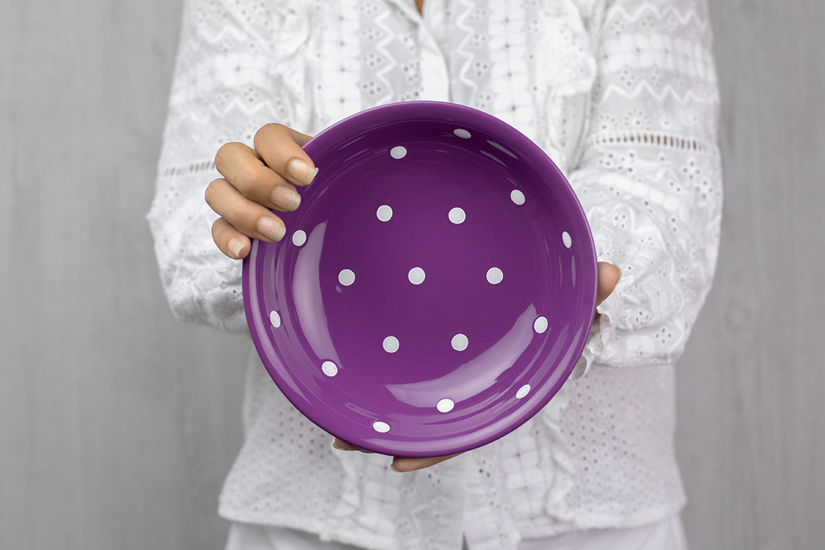 Purple And White Polka Dot Spotty Handmade Hand Painted Ceramic Salad Pasta Fruit Cereal Soup Bowl