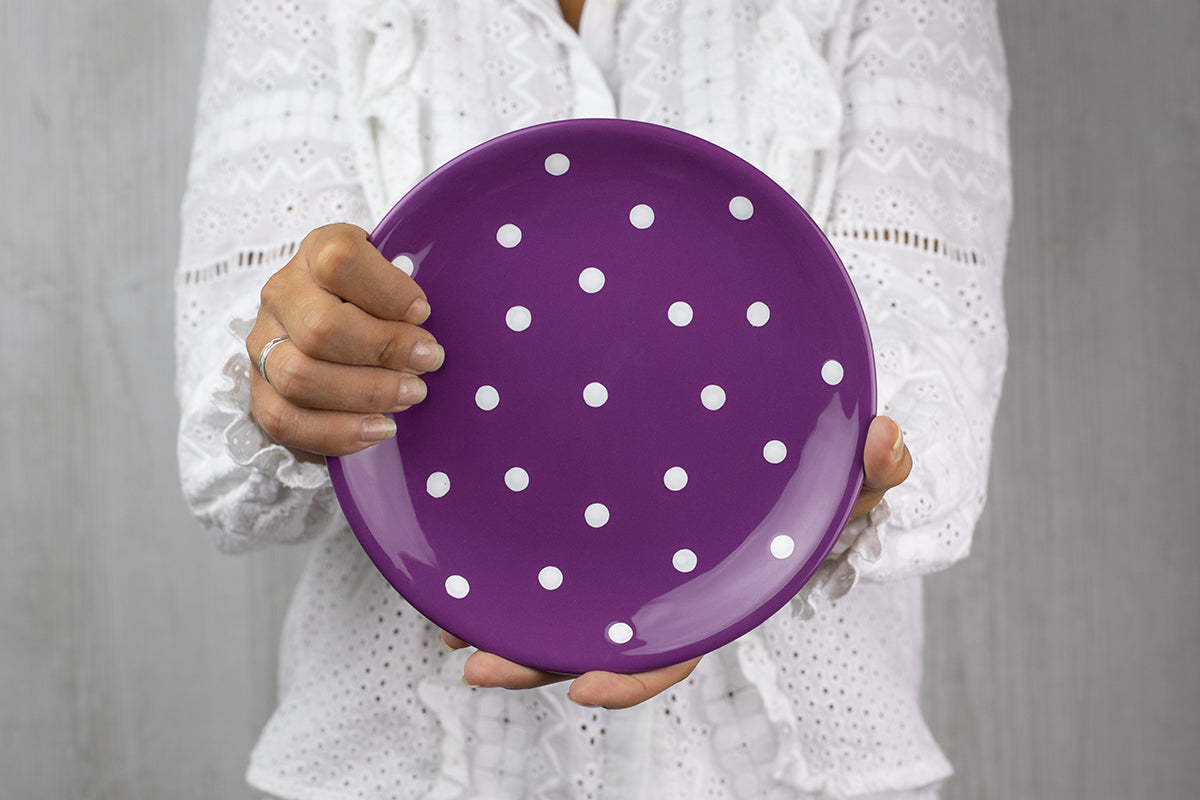 Purple And White Polka Dot Spotty Handmade Hand Painted Glazed Ceramic Side Dessert Plate