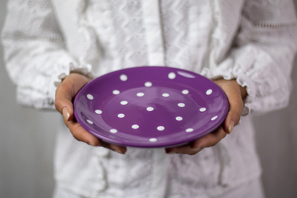 Purple And White Polka Dot Spotty Handmade Hand Painted Glazed Ceramic Side Dessert Plate