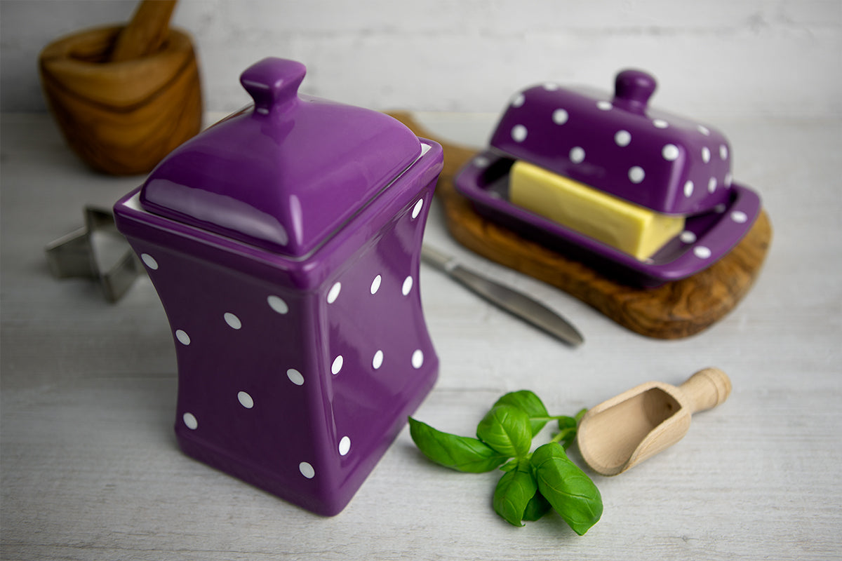 Purple And White Polka Dot Spotty Handmade Hand Painted Large Ceramic Kitchen Storage Jar