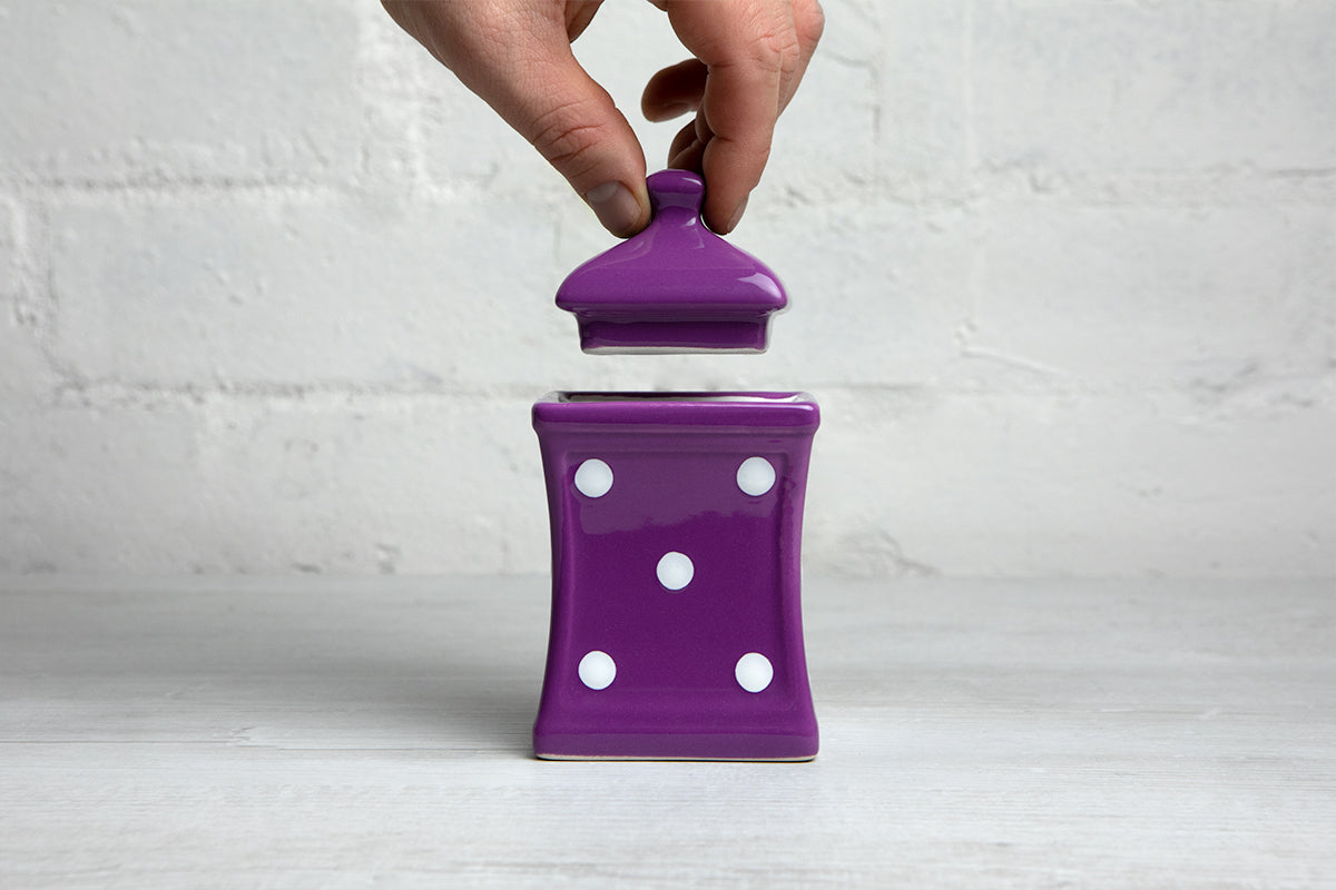 Purple And White Polka Dot Spotty Handmade Hand Painted Small Ceramic Kitchen Herb Spice Storage Jar with Lid