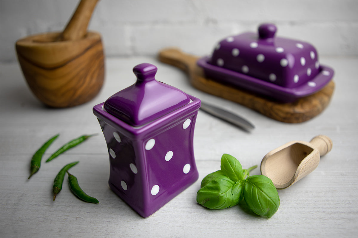Purple And White Polka Dot Spotty Handmade Hand Painted Small Ceramic Kitchen Herb Spice Storage Jar with Lid