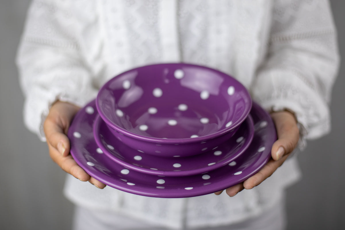 Purple and White Polka Dot Spotty Handmade Hand Painted Ceramic 12 piece Dinnerware Service for 4