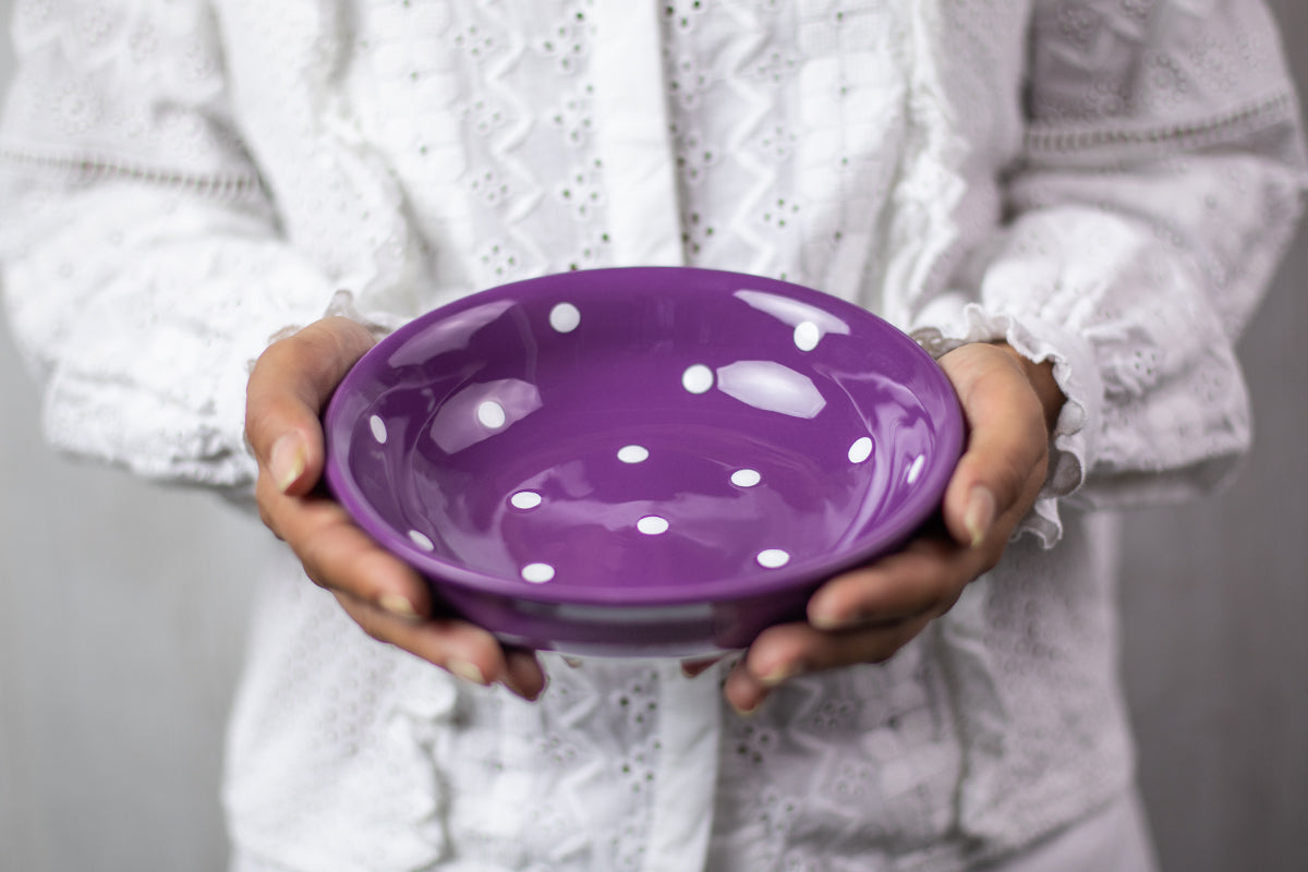 Purple and White Polka Dot Spotty Handmade Hand Painted Ceramic 12 piece Dinnerware Service for 4