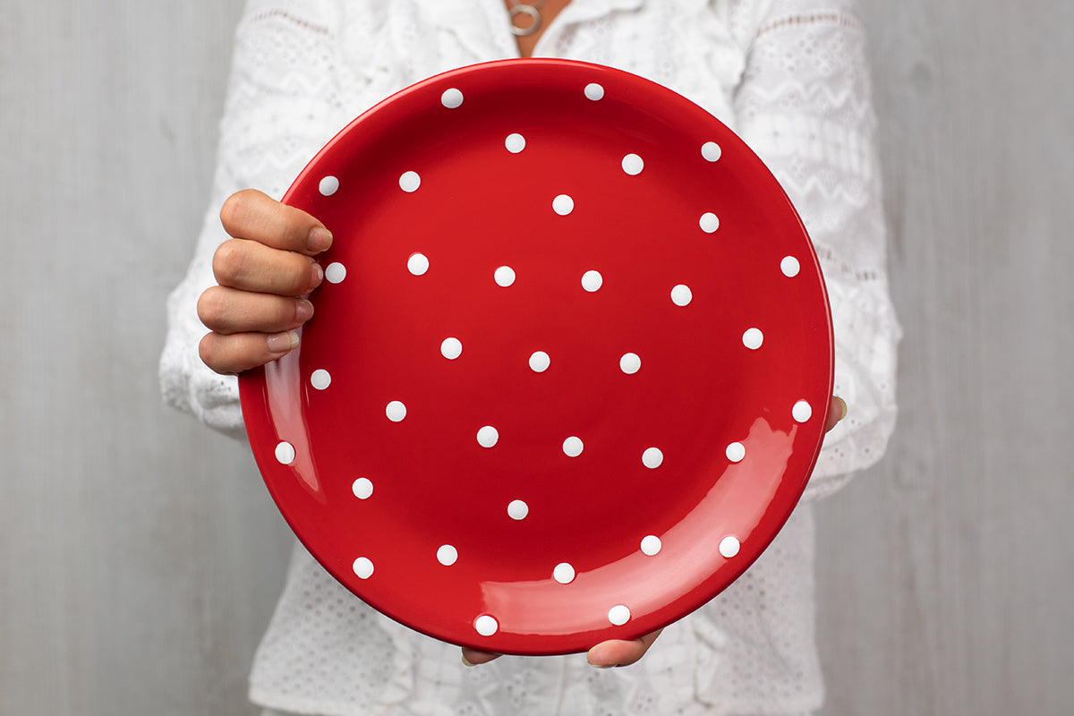 Red And White Polka Dot Spotty Handmade Hand Painted Glazed Ceramic Flat Dinner Plate