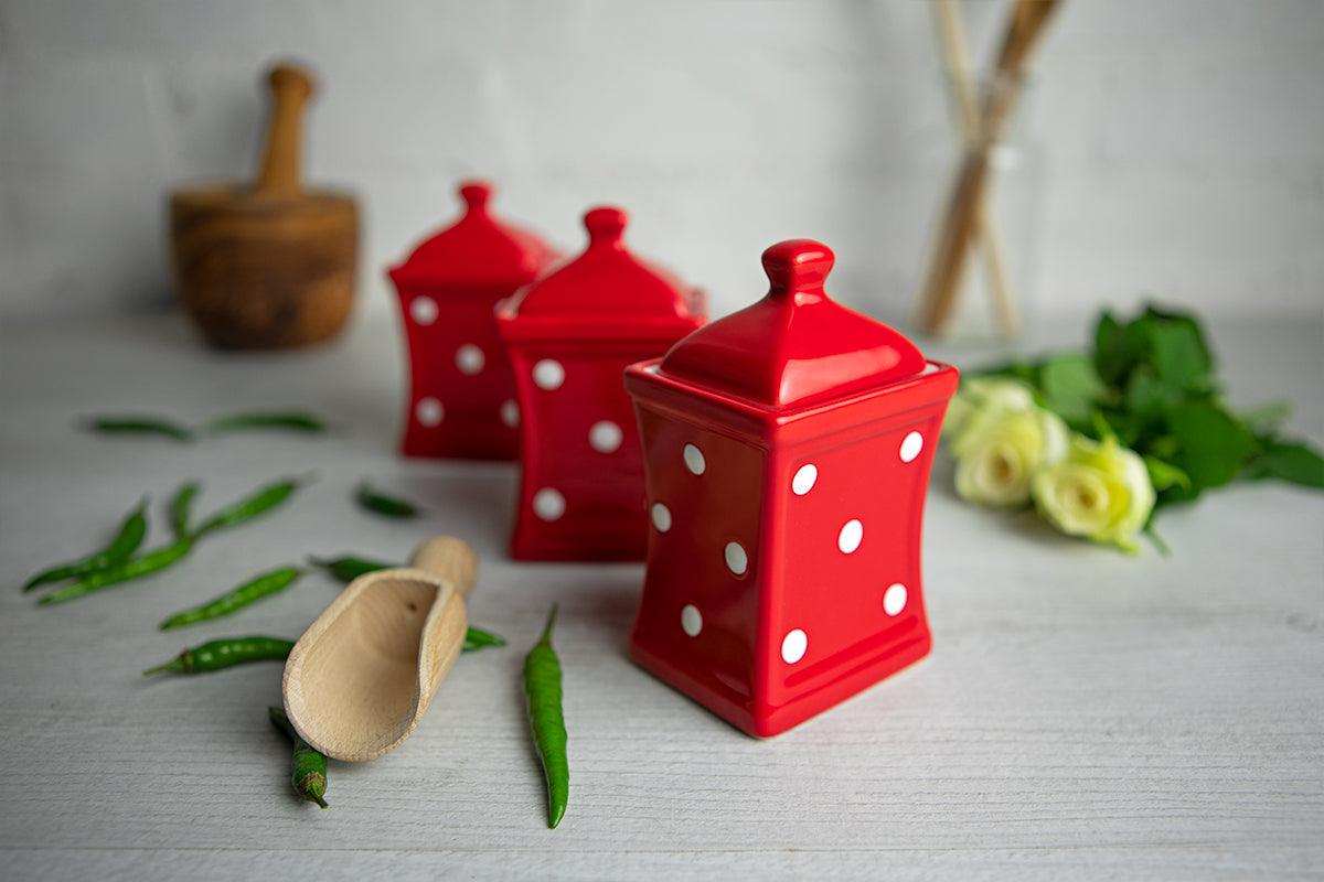 Red and White Polka Dot Pottery Handmade Hand Painted Small Ceramic Kitchen Herb Spice Jars Canister Set - Same Size Jars