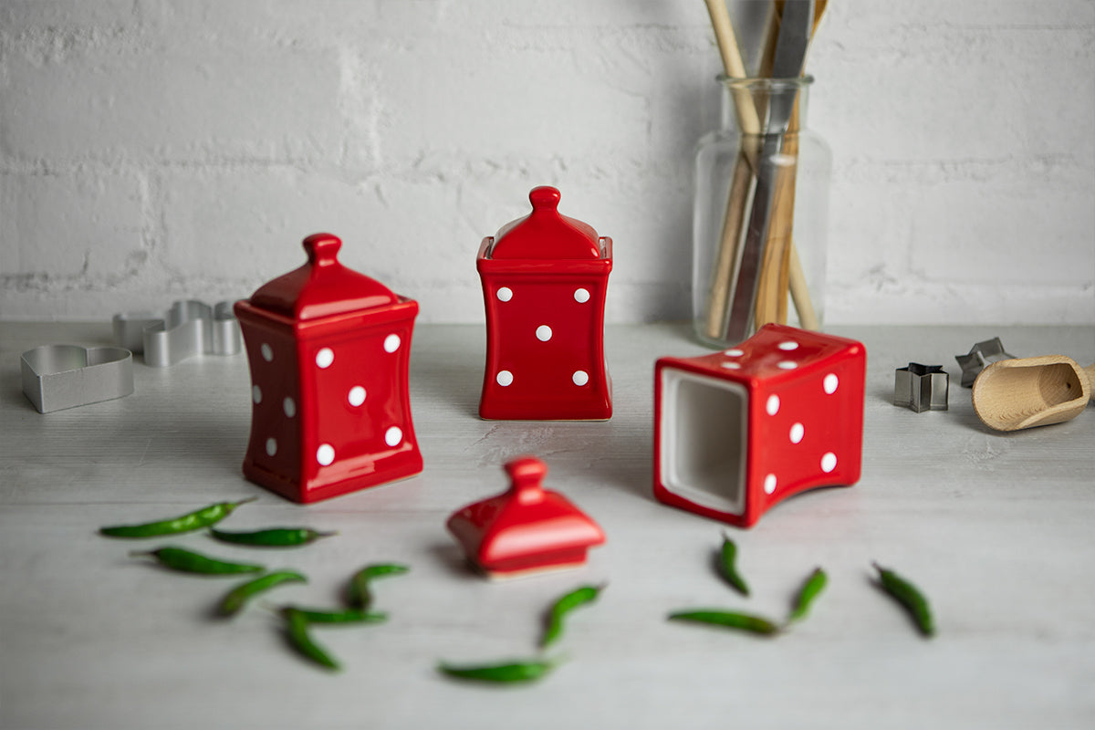 Red and White Polka Dot Pottery Handmade Hand Painted Small Ceramic Kitchen Herb Spice Jars Canister Set - Same Size Jars