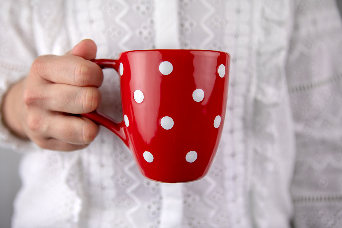 Red And White Polka Dot Spotty Designer Handmade Hand Painted Unique Ceramic 10oz-300ml Coffee Tea Mug with Large Handle