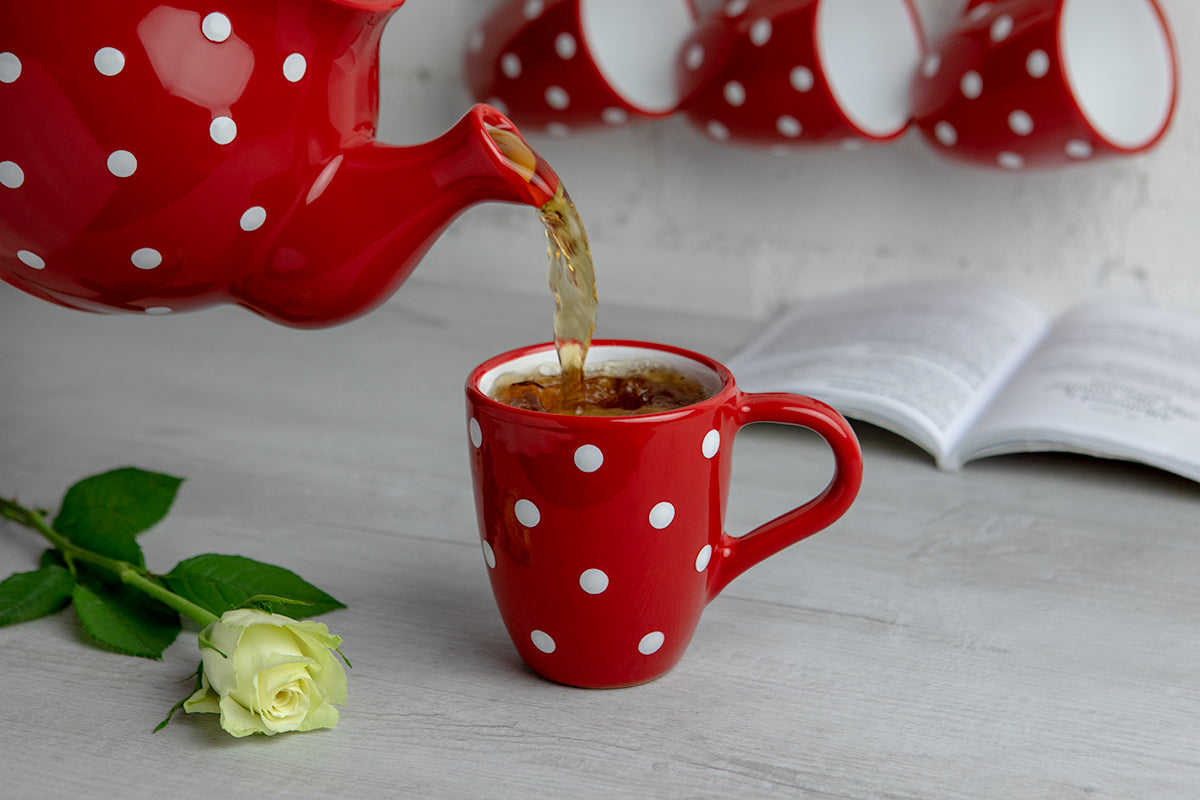 Red And White Polka Dot Spotty Designer Handmade Hand Painted Unique Ceramic 10oz-300ml Coffee Tea Mug with Large Handle