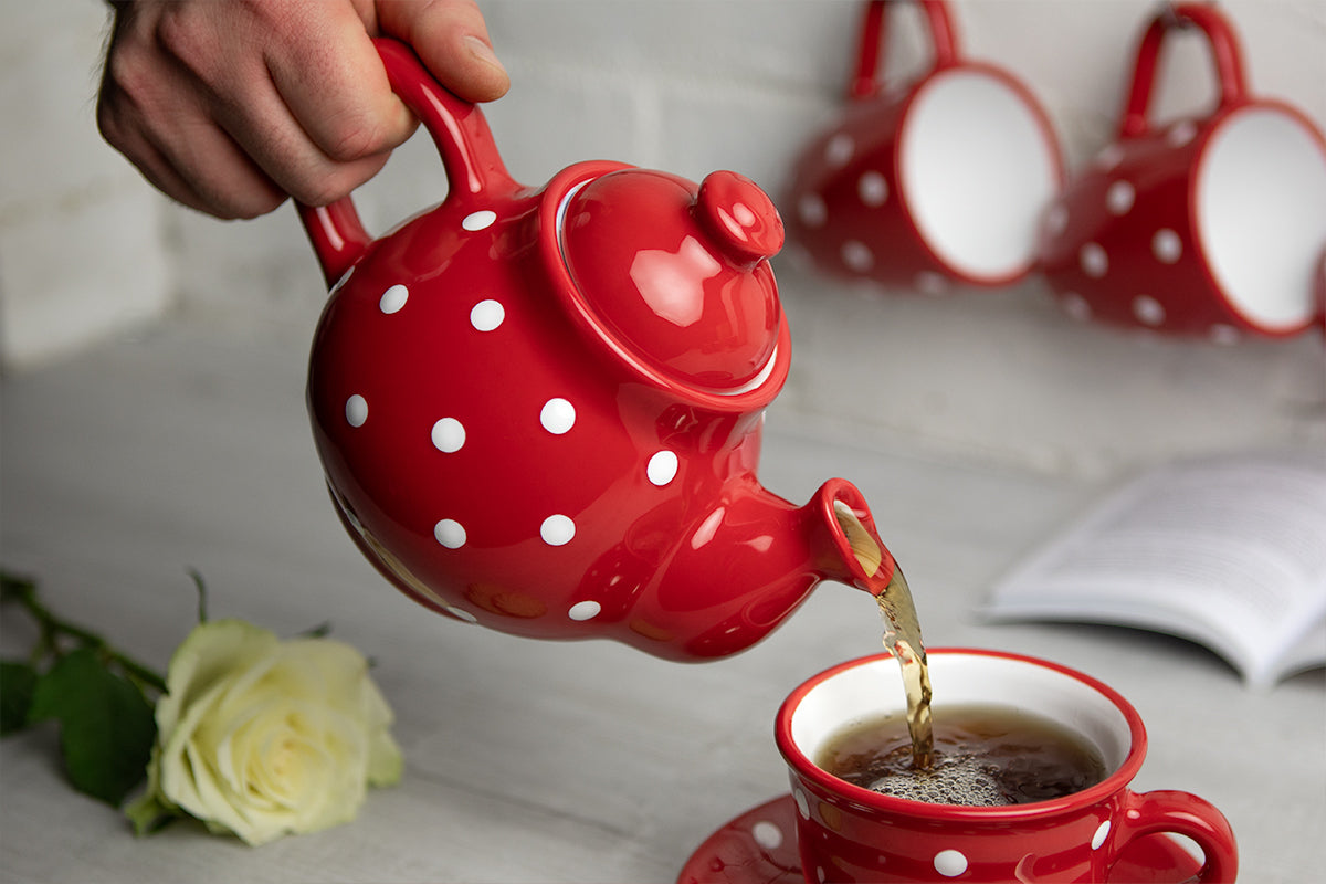 Red and White Polka Dot Pottery Handmade Hand Painted Ceramic Teapot Milk Jug Sugar Bowl Set
