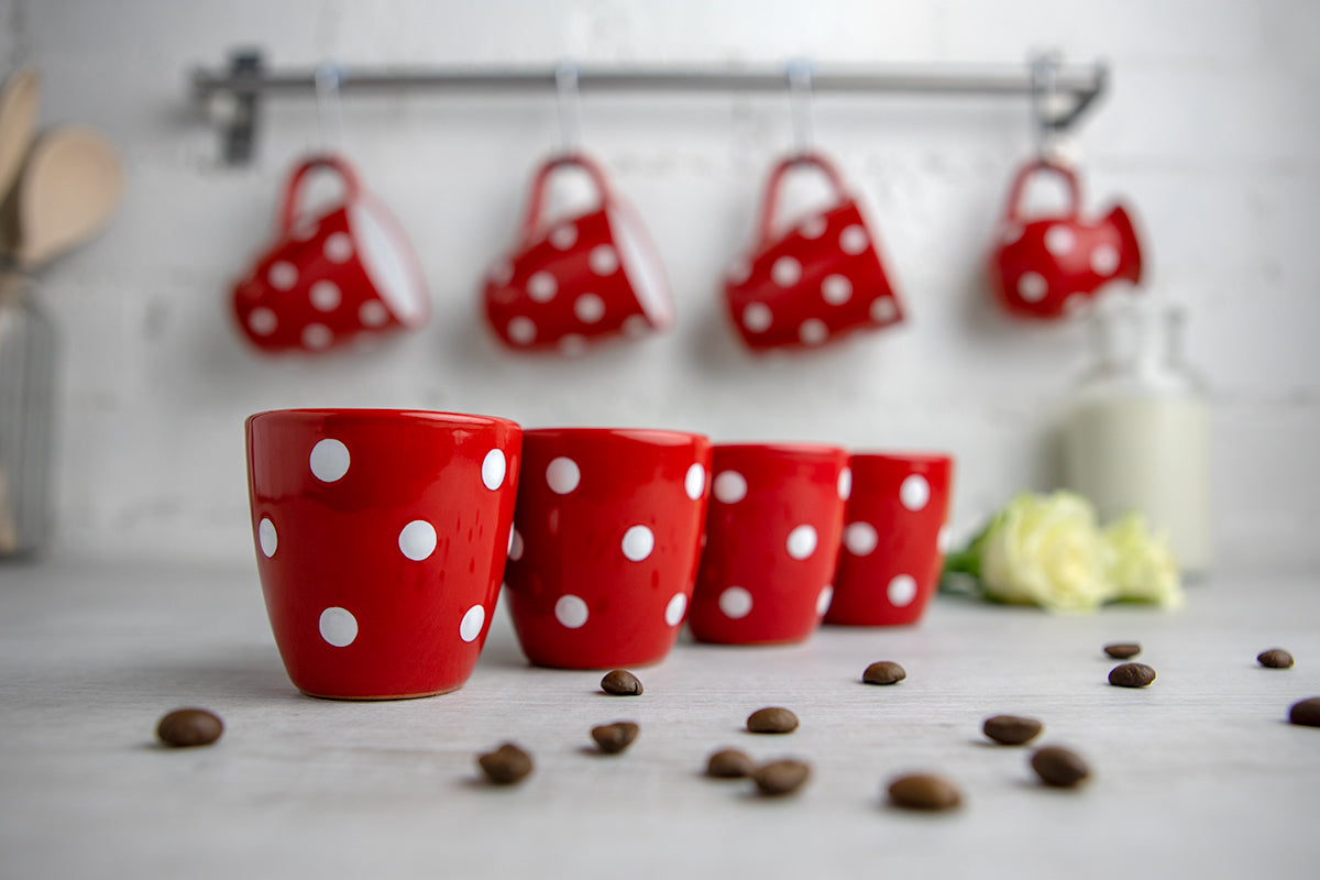 Red And White Polka Dot Spotty Designer Handmade Hand Painted Unique Ceramic 2oz-60ml Espresso Coffee Cup Set of 4