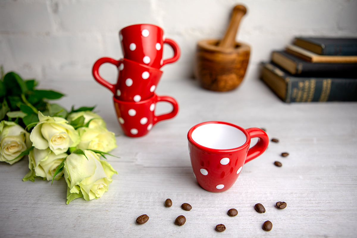 Red And White Polka Dot Spotty Designer Handmade Hand Painted Unique Ceramic 2oz-60ml Espresso Coffee Cup Set of 4