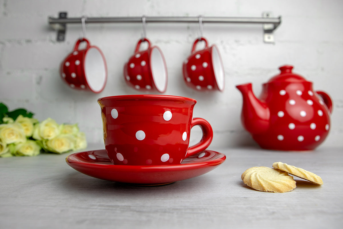 Red And White Polka Dot Spotty Designer Handmade Hand Painted Ceramic 9oz-250ml Cappuccino Coffee Tea Cup with Saucer